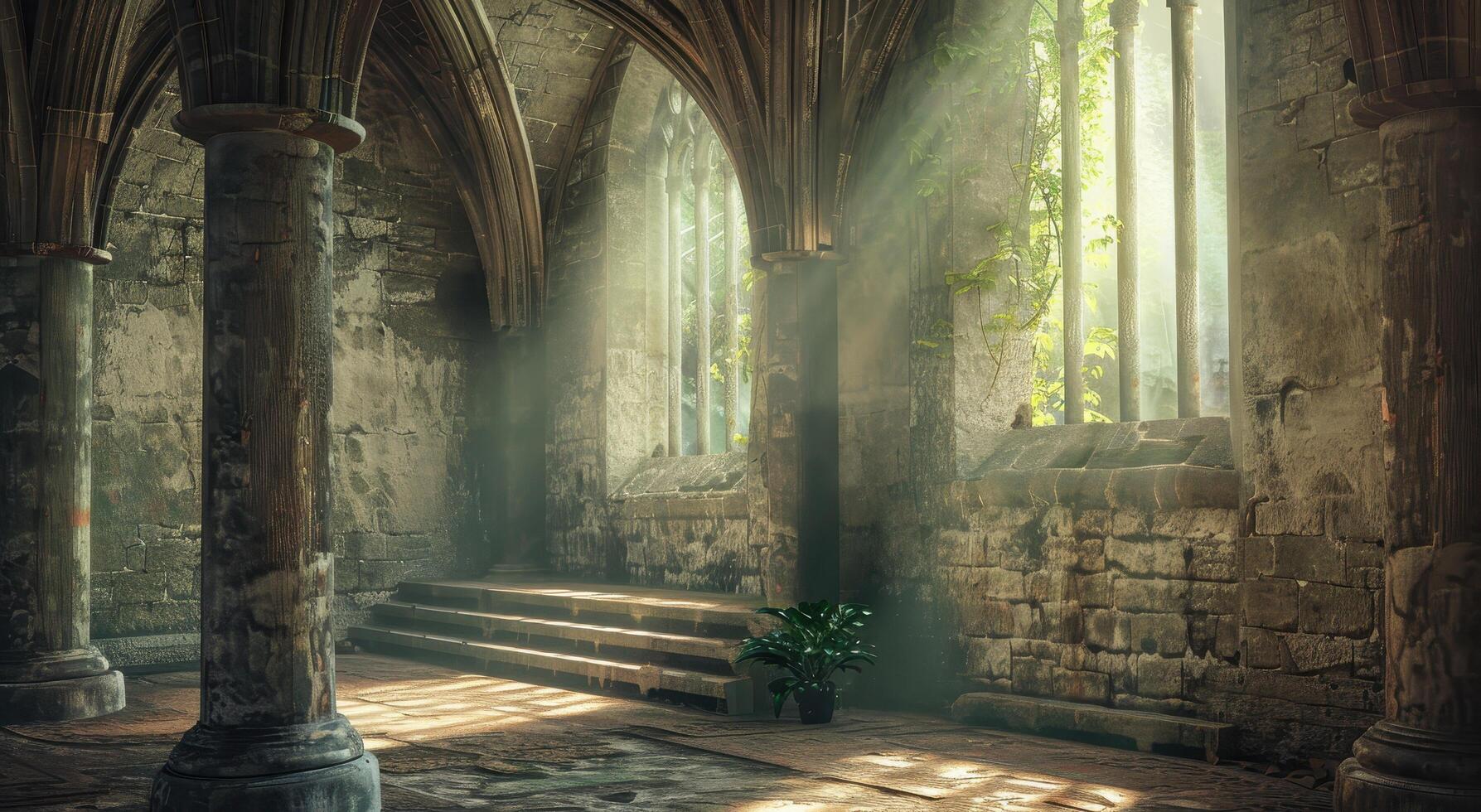Mystical abandoned church interior with sunlight streaming through photo