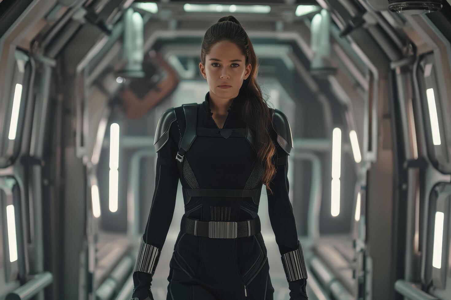 Futuristic female soldier in space ship photo