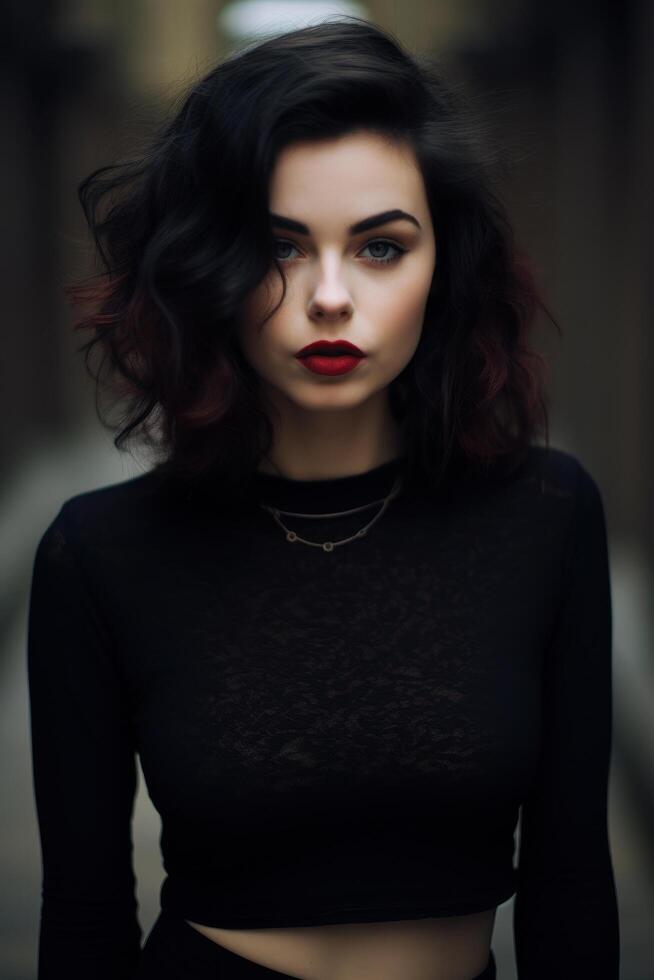 Mysterious woman with dark hair and red lips photo