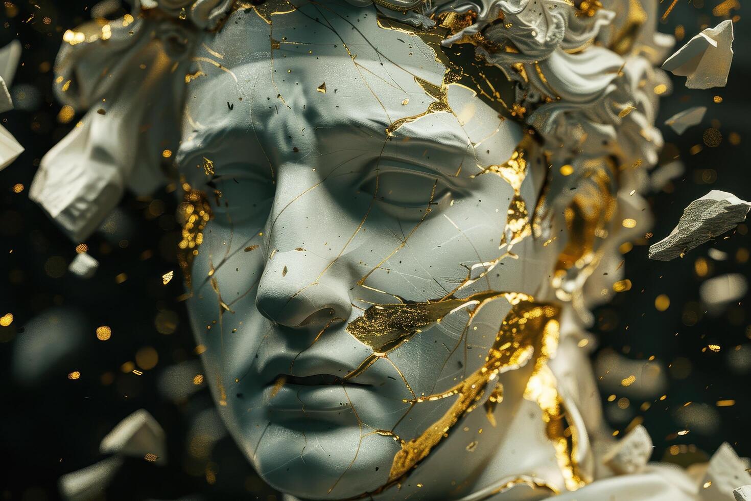 Shattered glass and golden glitter abstract background photo