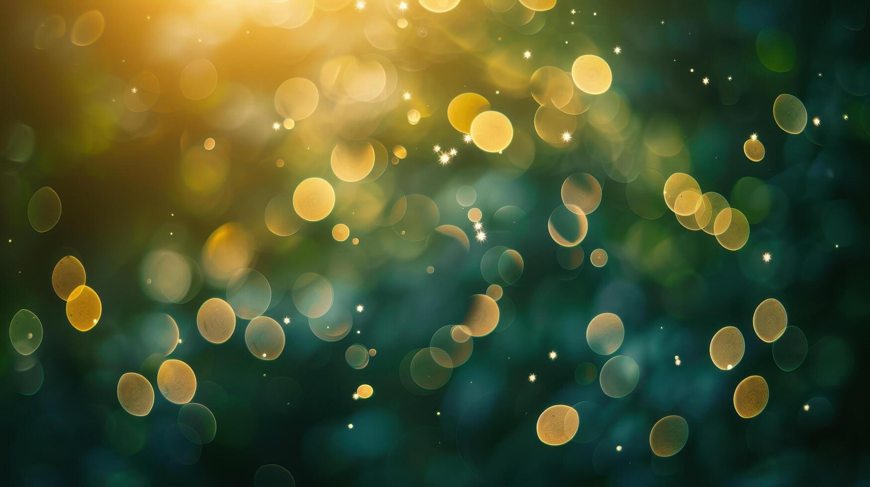 Sparkling golden bokeh lights on dark green background photo