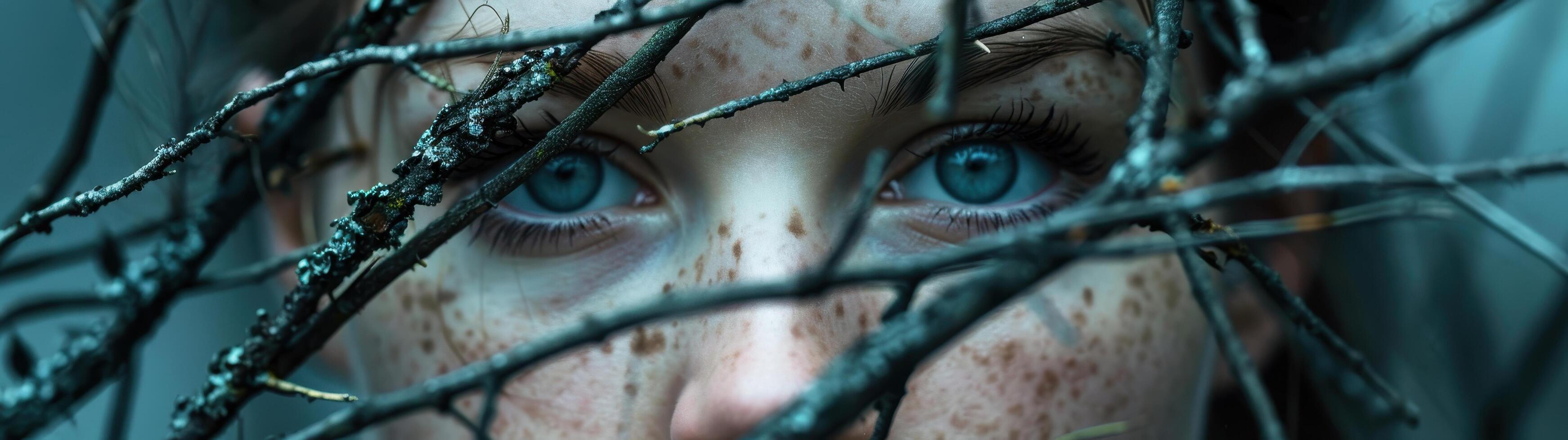 Mysterious eyes peering through icy branches photo