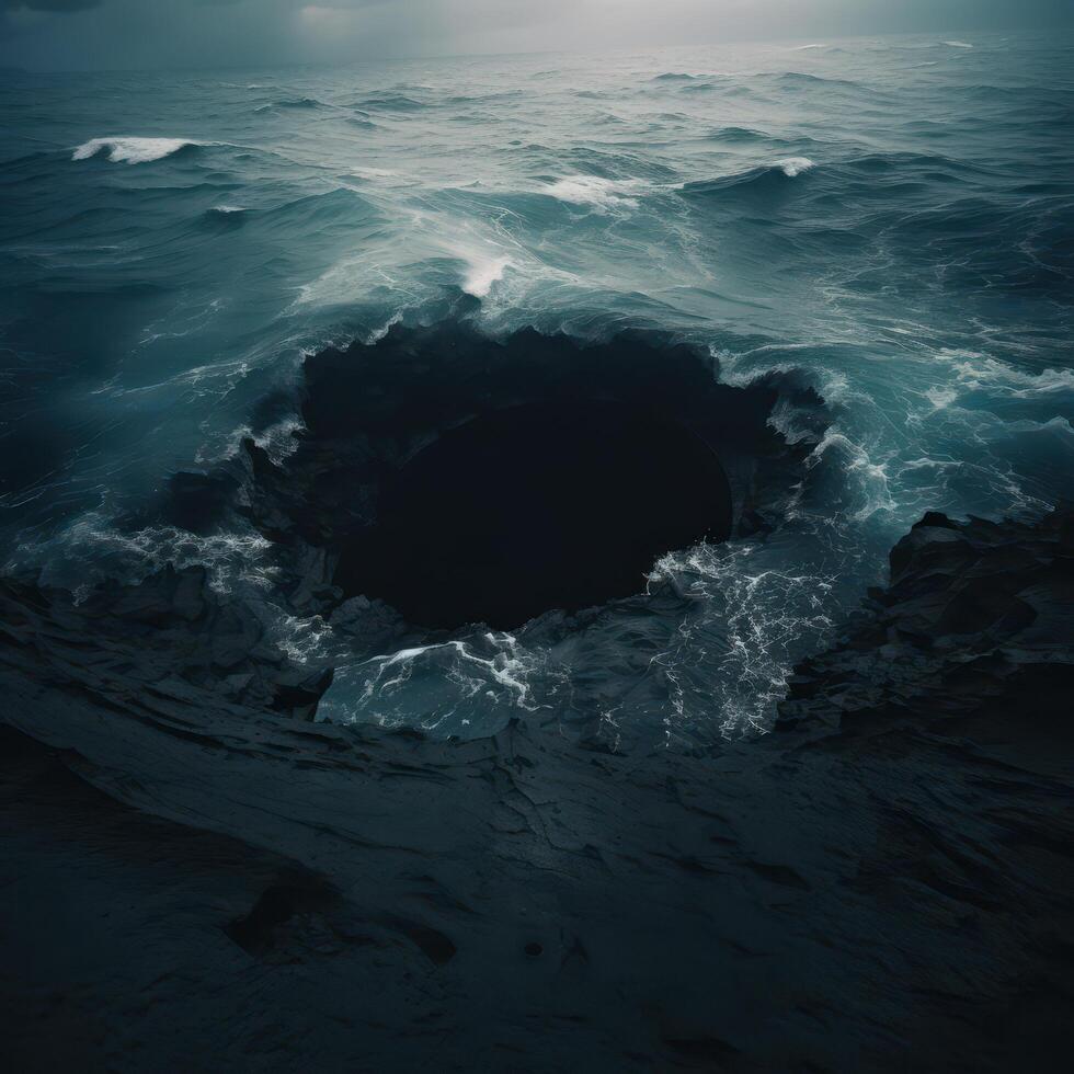 Stormy ocean waves crashing against rocky shore photo
