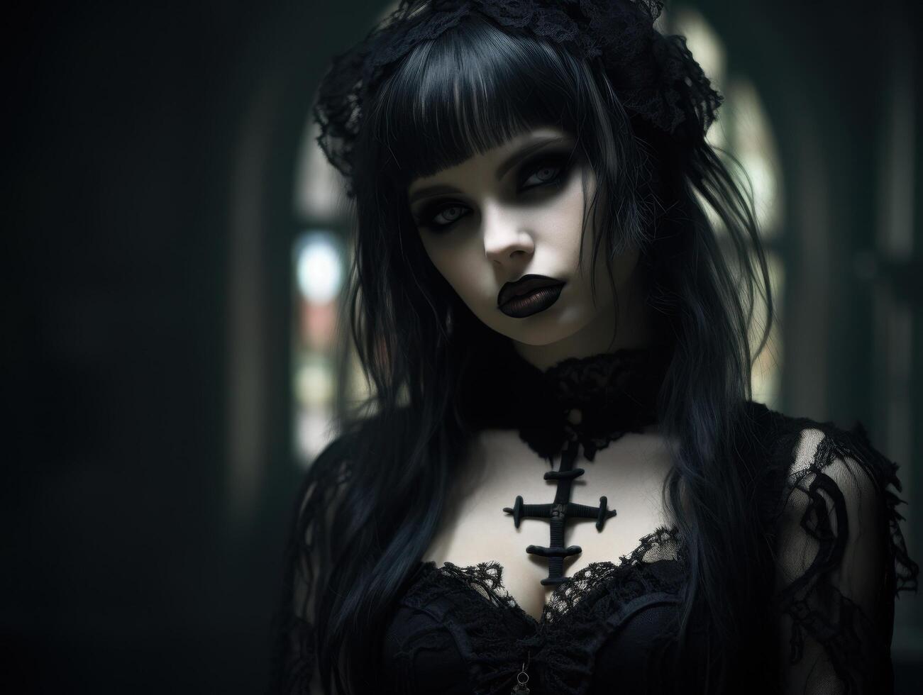 dark gothic woman with cross necklace photo