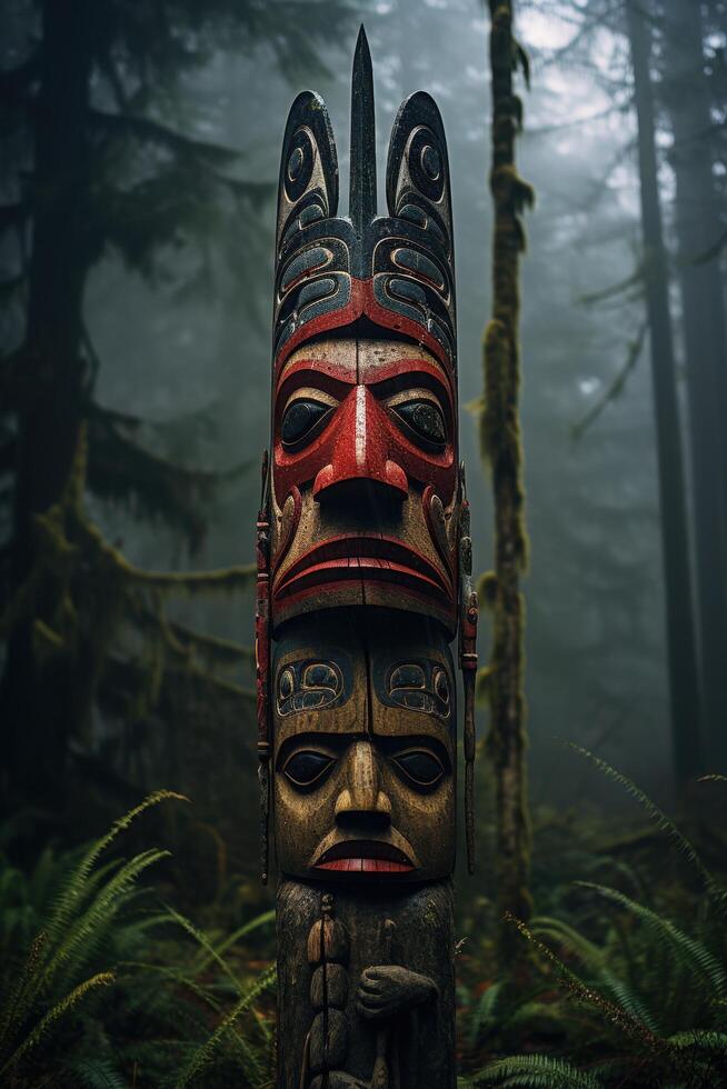 Mysterious totem pole in misty forest photo