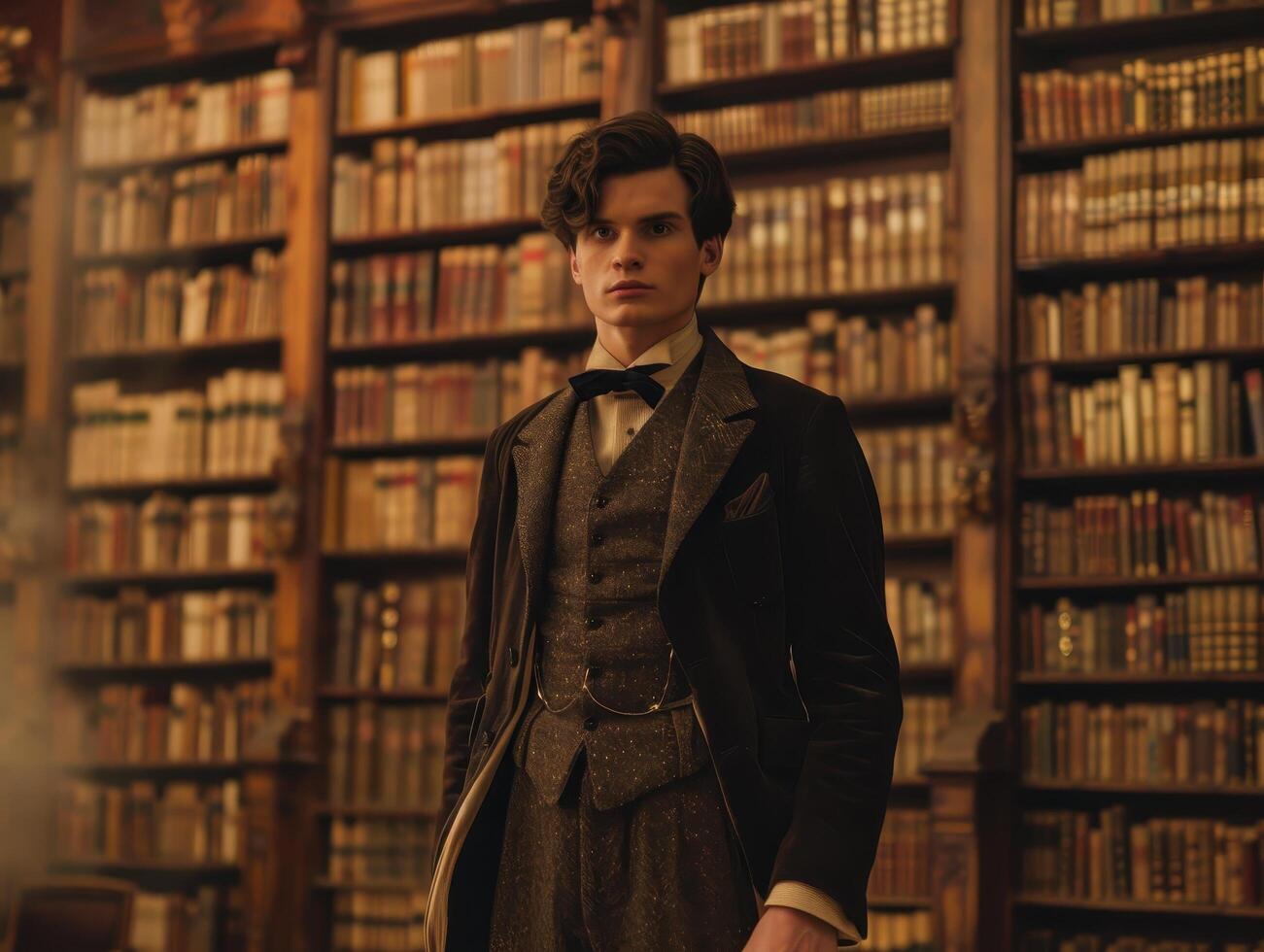 man in formal attire standing in library photo