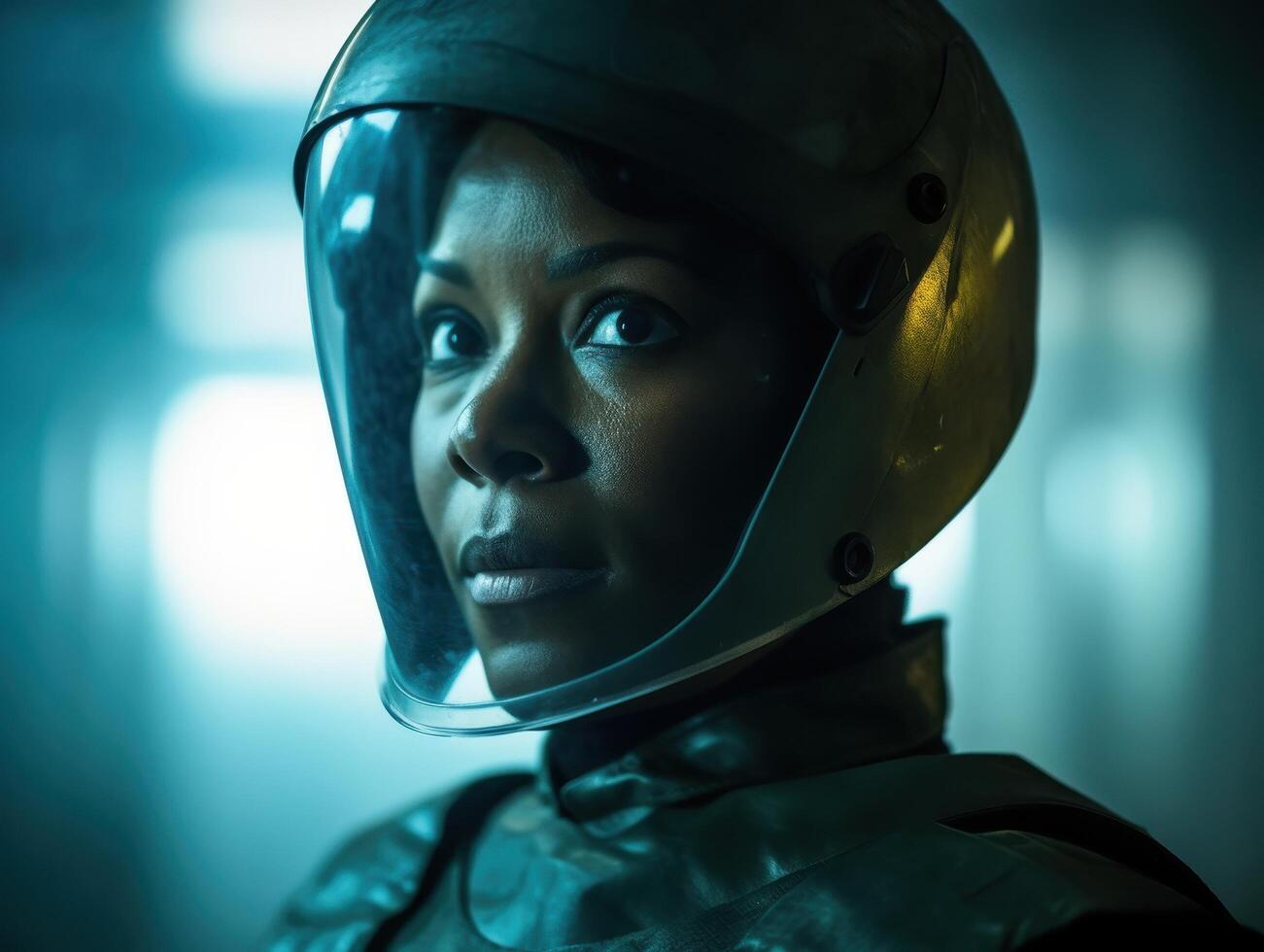 Astronaut in spacesuit with intense expression photo