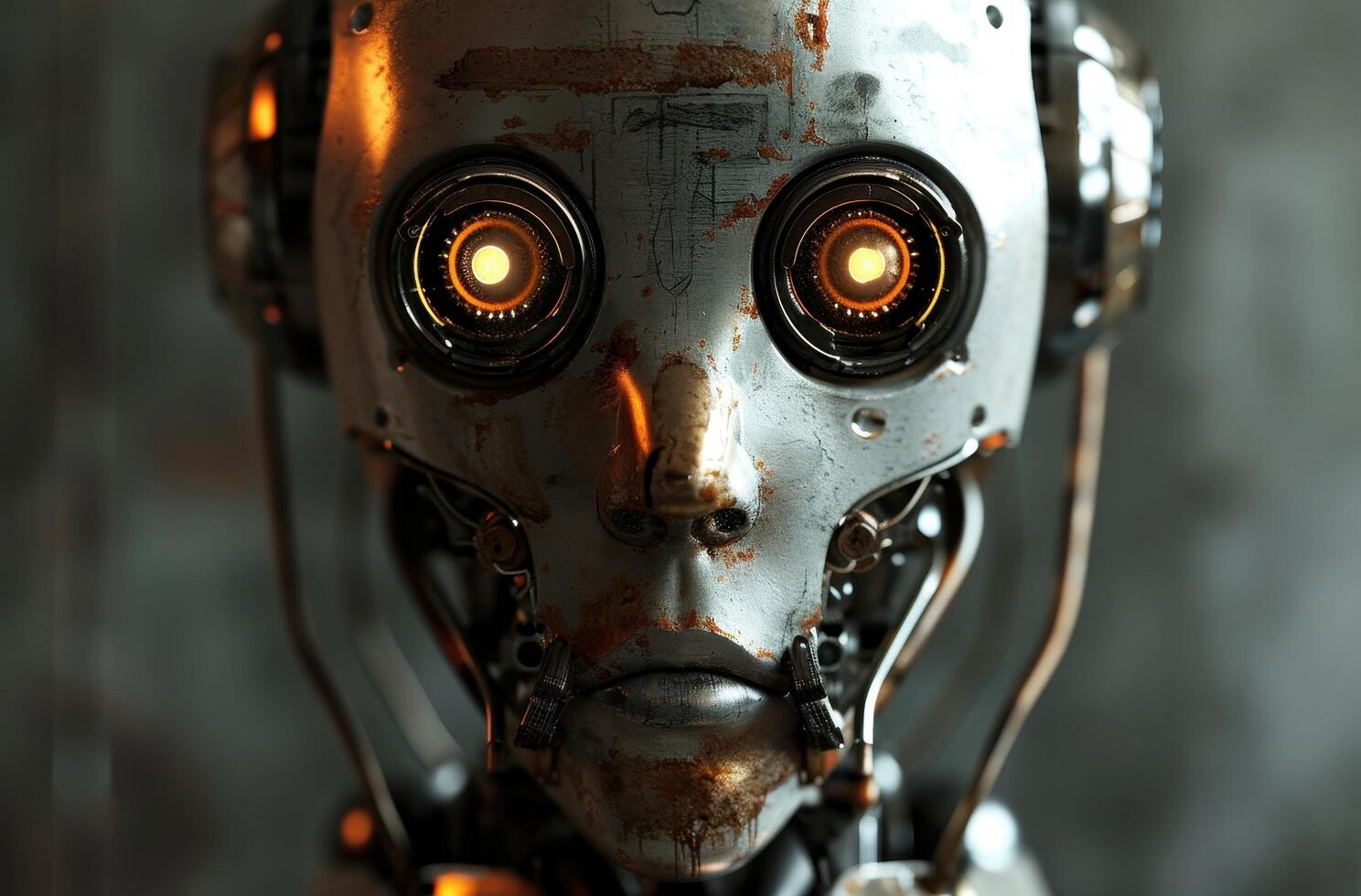 Close up of a rusted and weathered robot face with glowing eyes photo