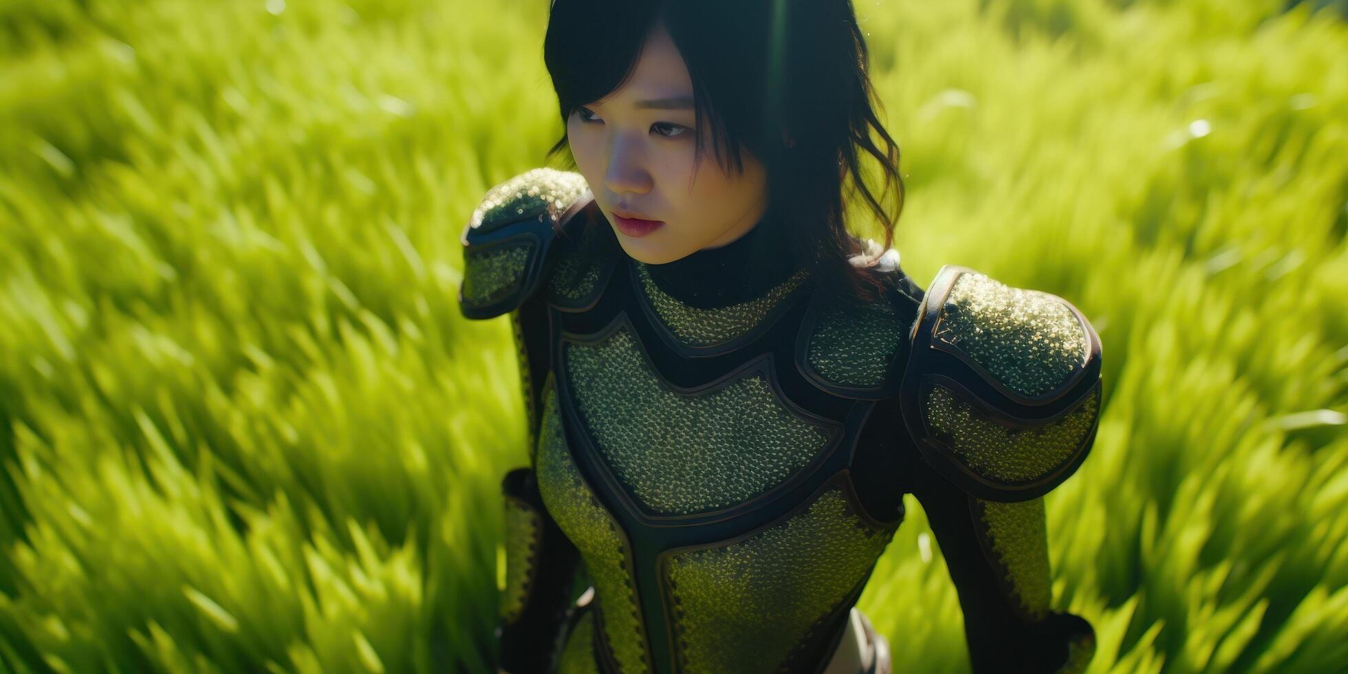 Futuristic warrior in a green armored suit photo