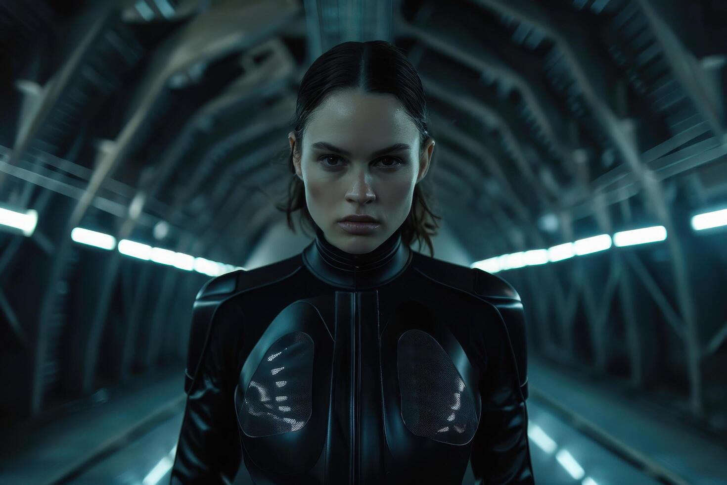 futuristic woman in dark uniform standing in high tech corridor photo