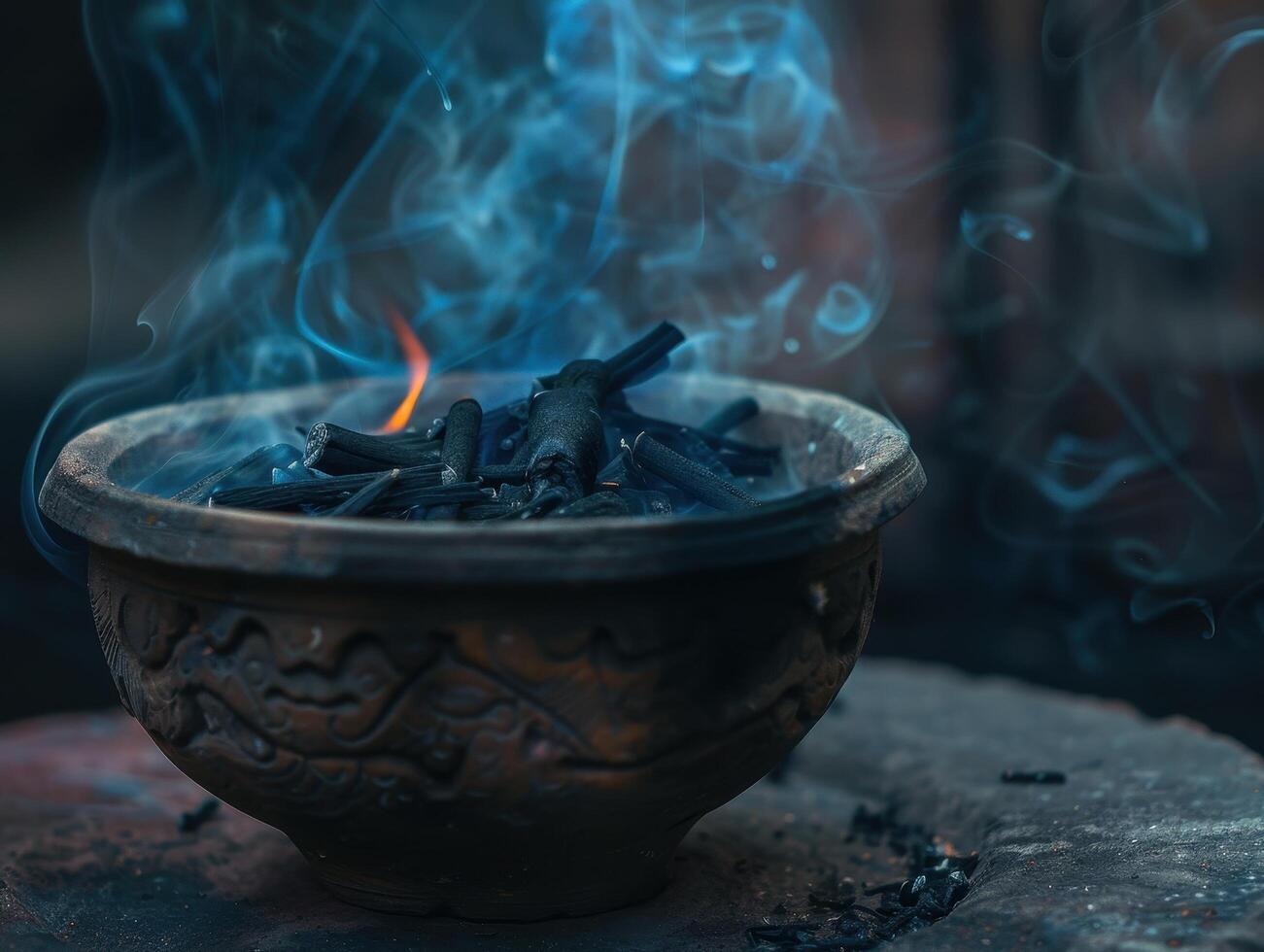 Smoldering charcoal in a decorative bowl photo
