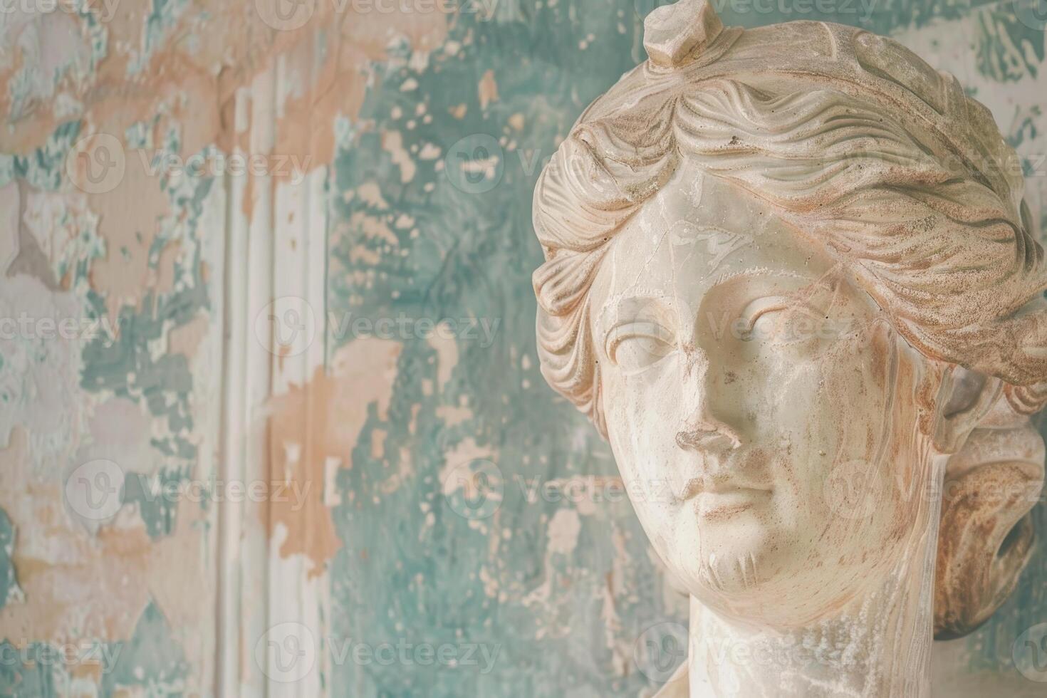 Antique marble statue head against distressed wall photo