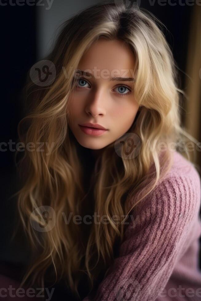 Thoughtful young woman with long blonde hair photo