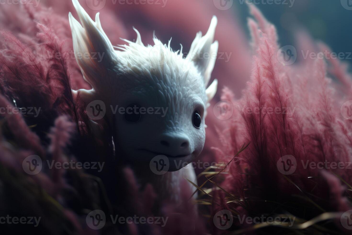 Closeup of a white axolotl in a pink and red environment photo