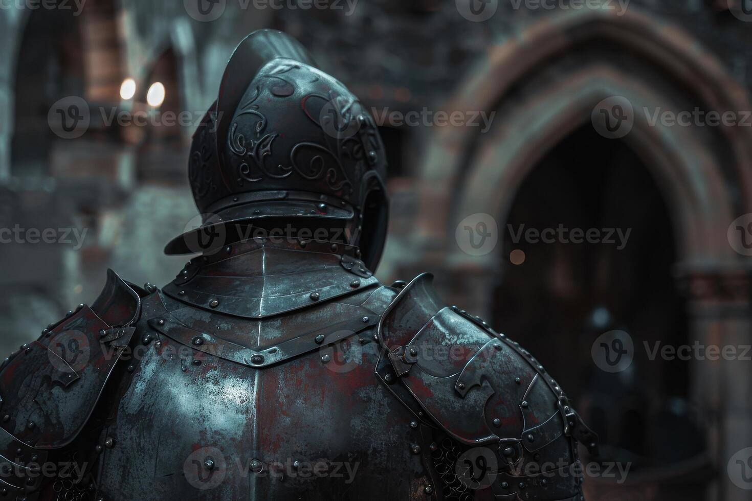 Armored knight in dark medieval castle photo