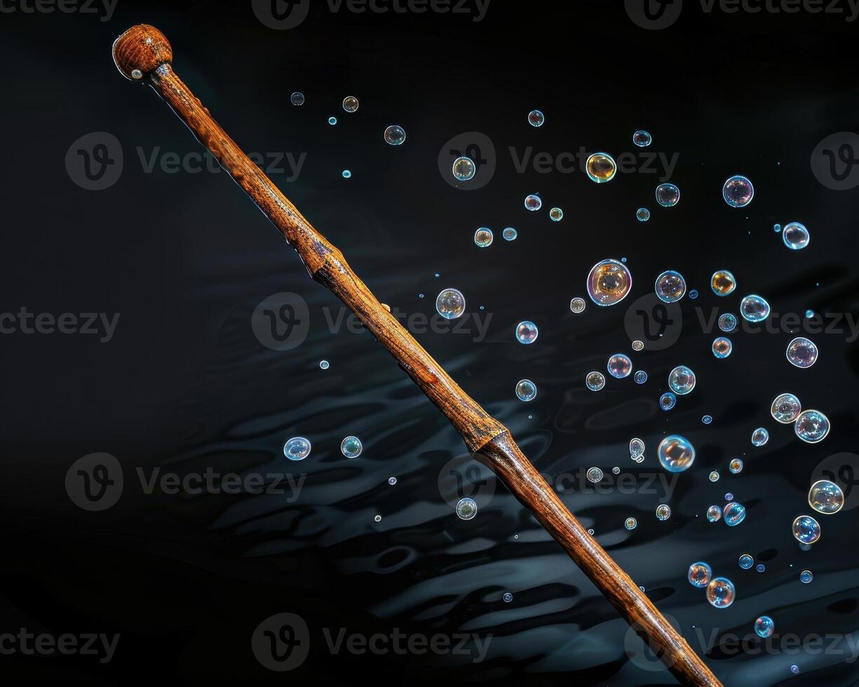 Wooden stick with bubbles floating in dark water photo