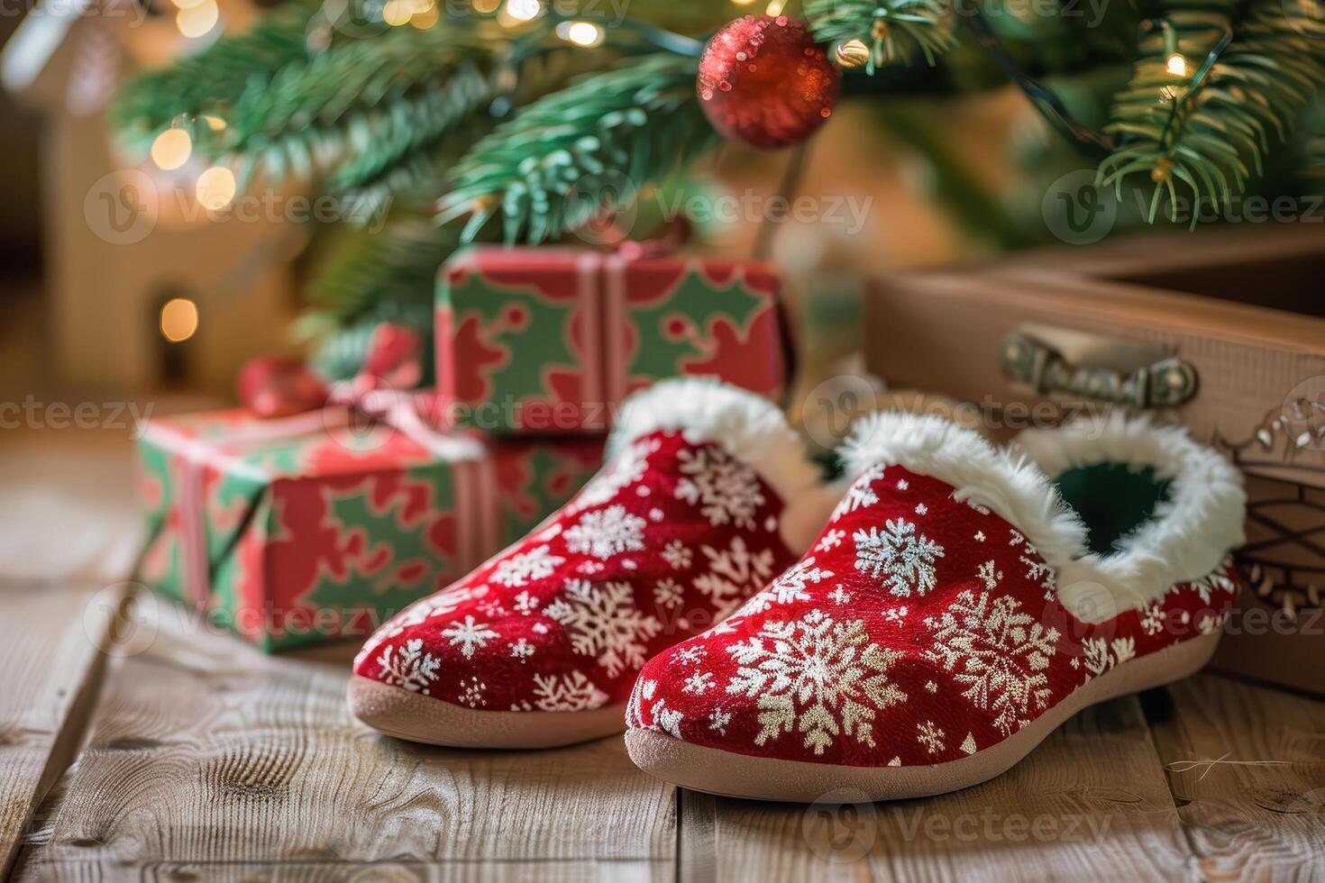 cozy christmas slippers and gifts under tree photo