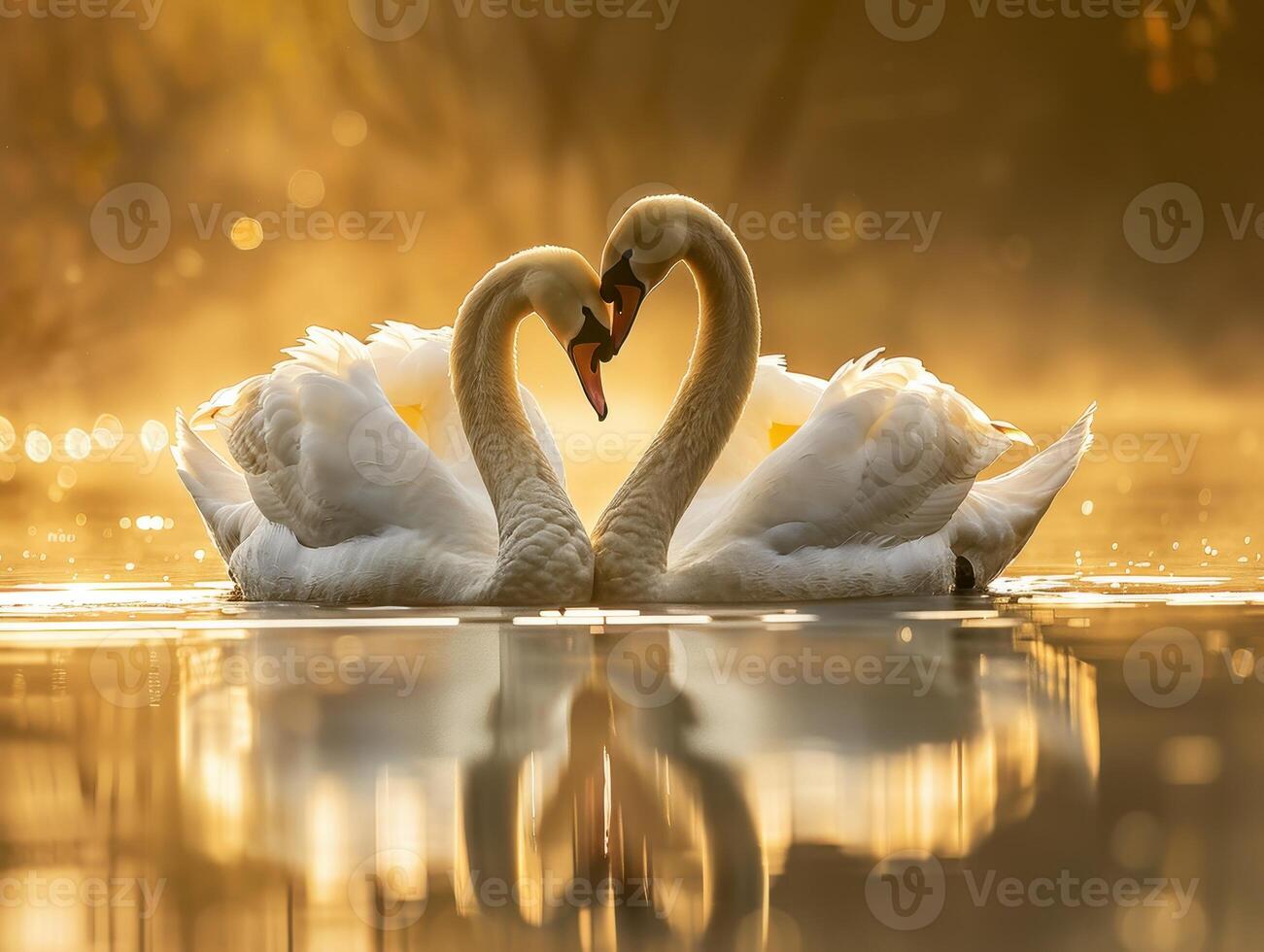 two swans forming a heart shape on golden water photo