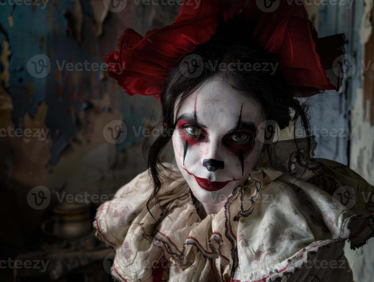 Creepy clown with dark makeup and red accents photo