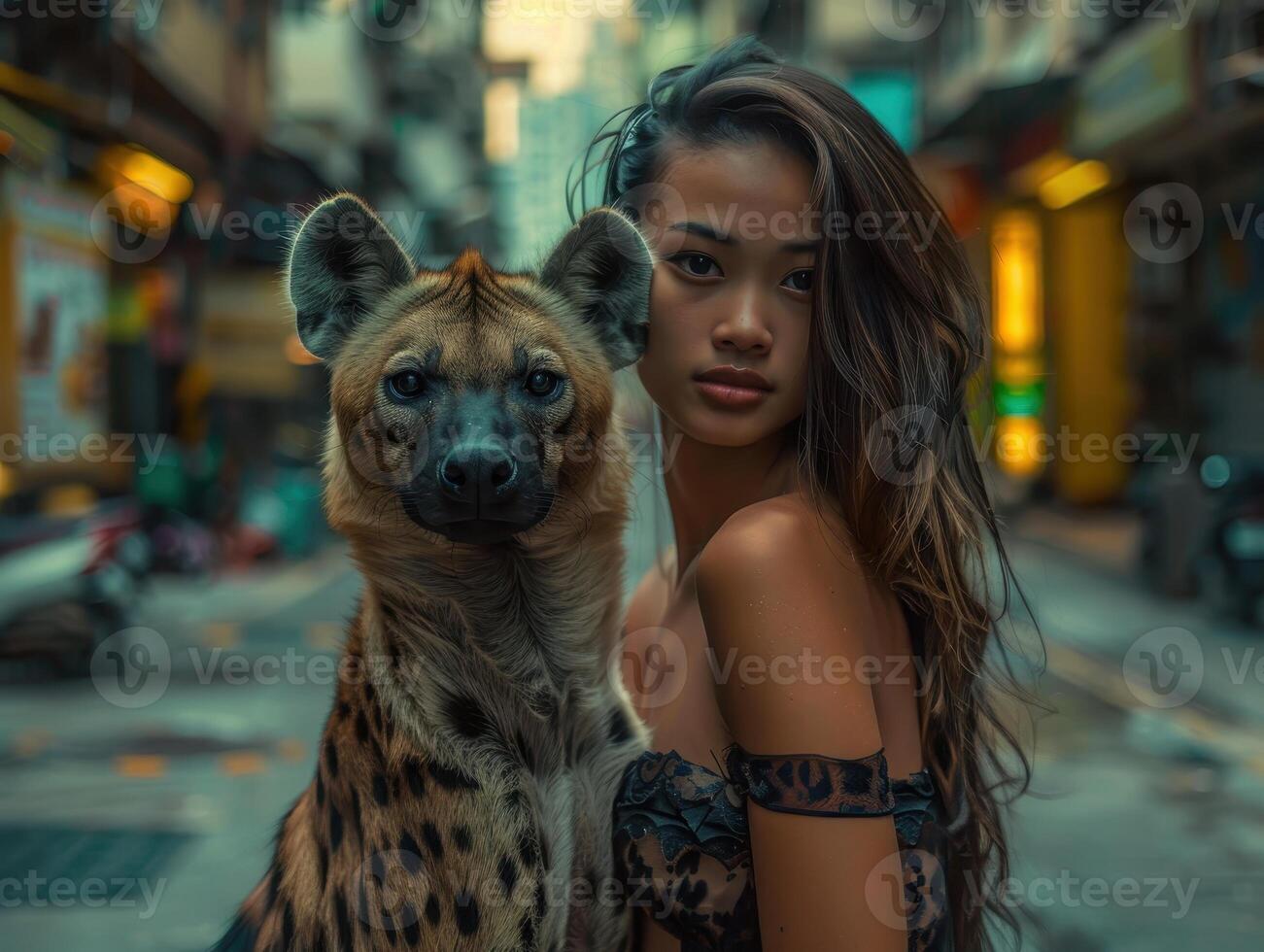 woman and wild animal in urban setting photo