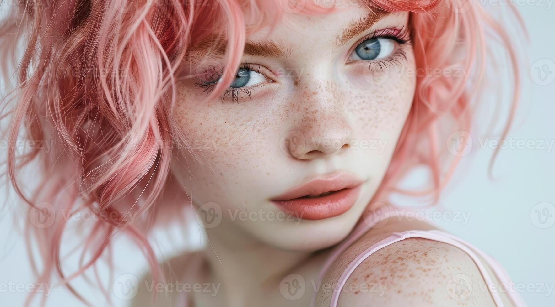 close up portrait of a young woman with vibrant pink hair photo