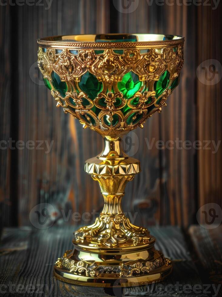 Ornate golden chalice with emerald gemstones photo