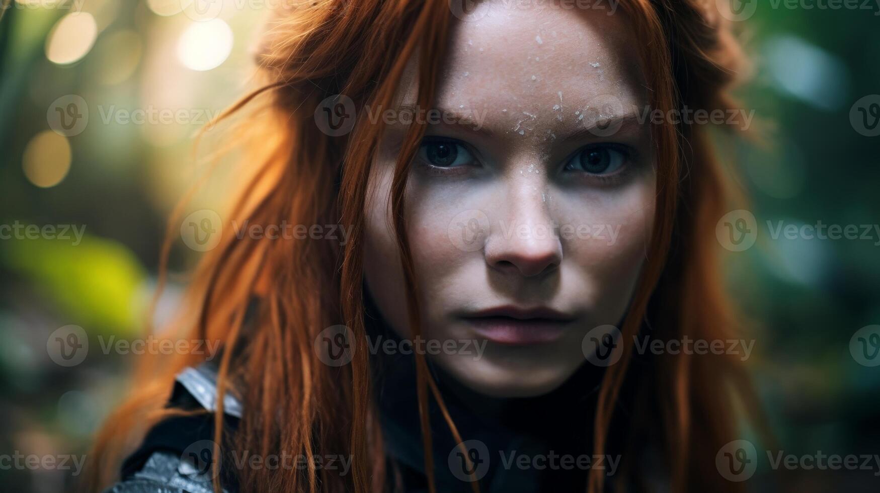 Mysterious redheaded woman in the forest photo