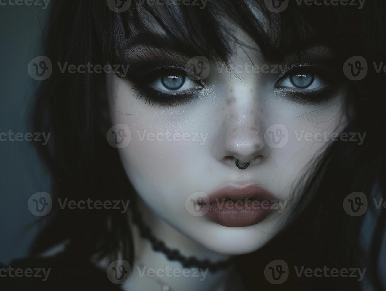 Mysterious woman with dark hair and intense gaze photo