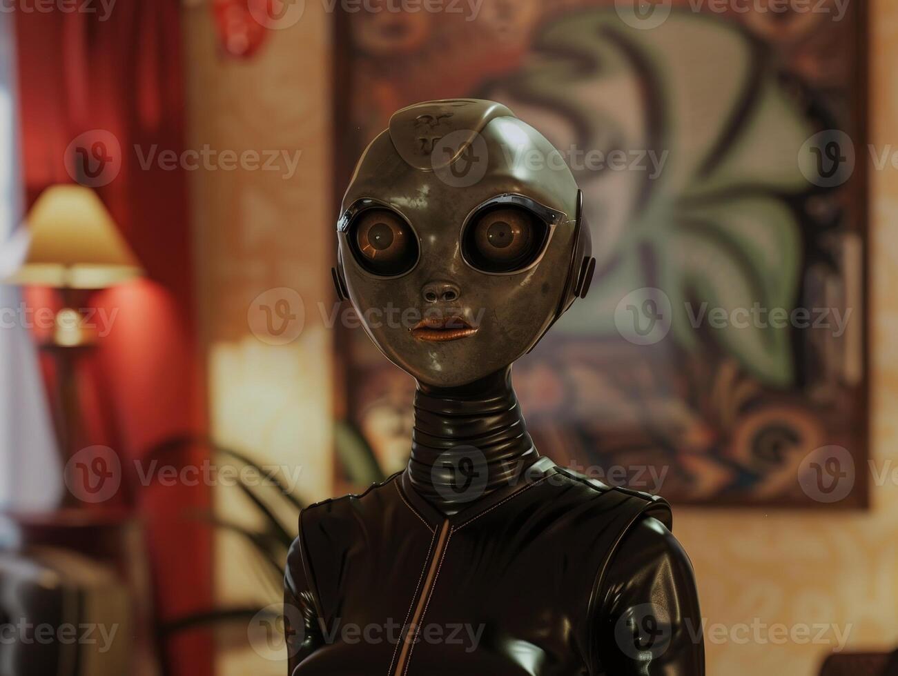 Futuristic robot with glowing eyes in a dark room photo