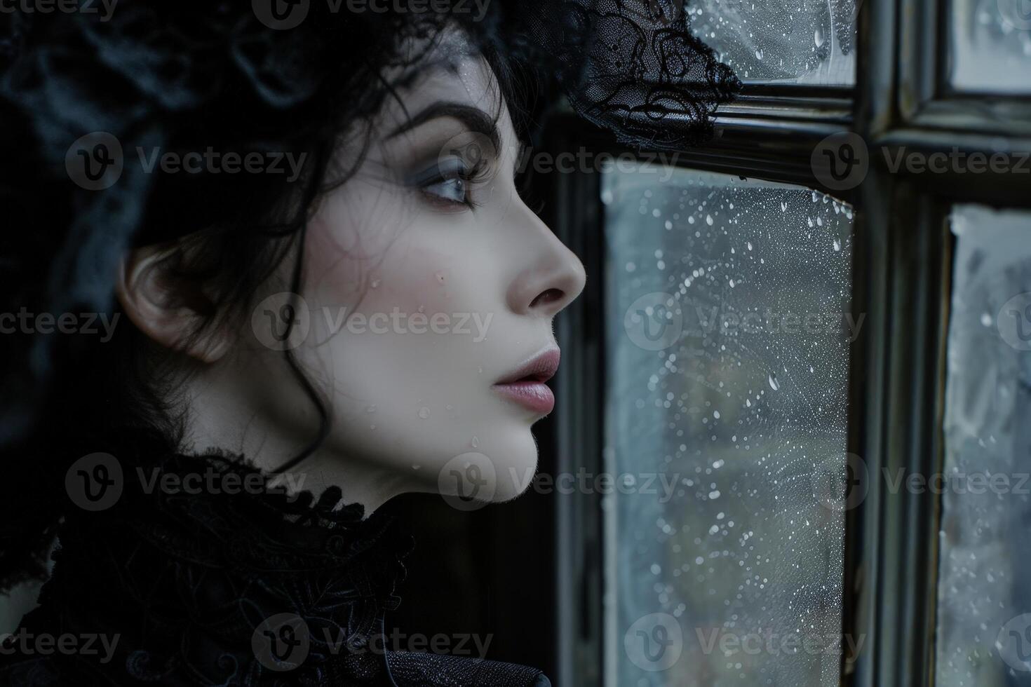 Pensive woman gazing out window on rainy day photo
