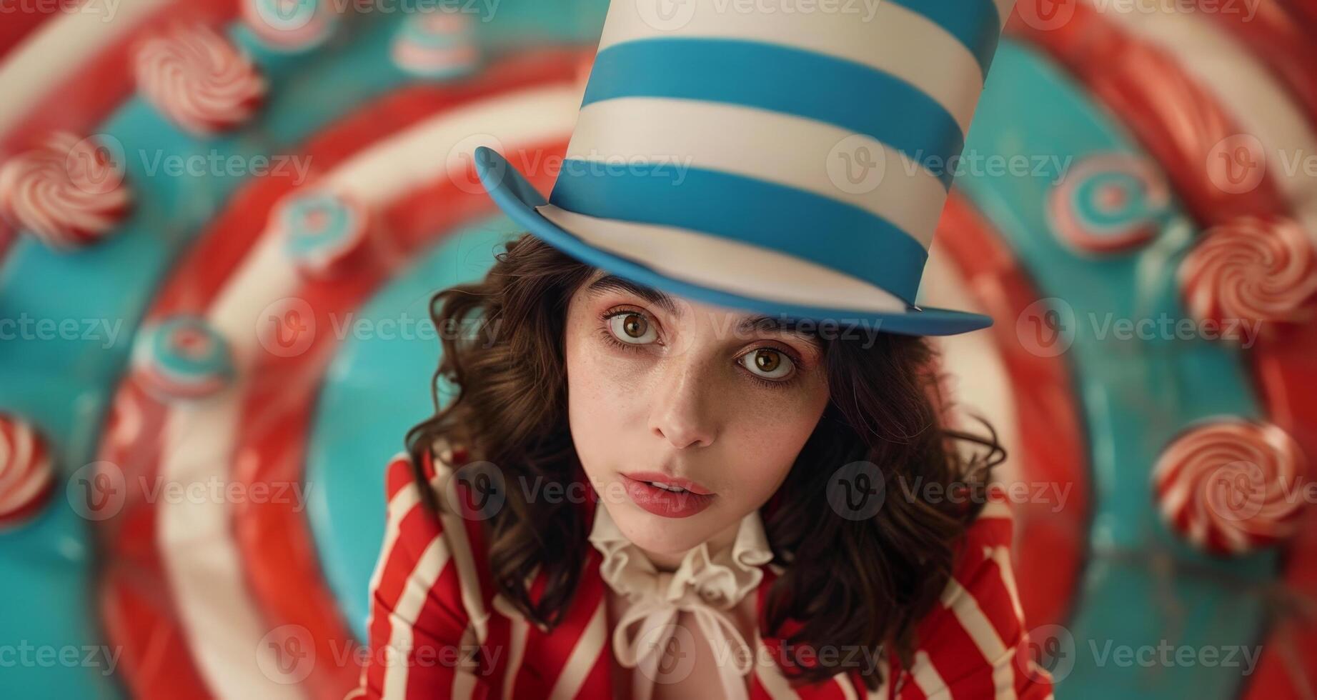 woman in red and blue striped outfit with hat photo