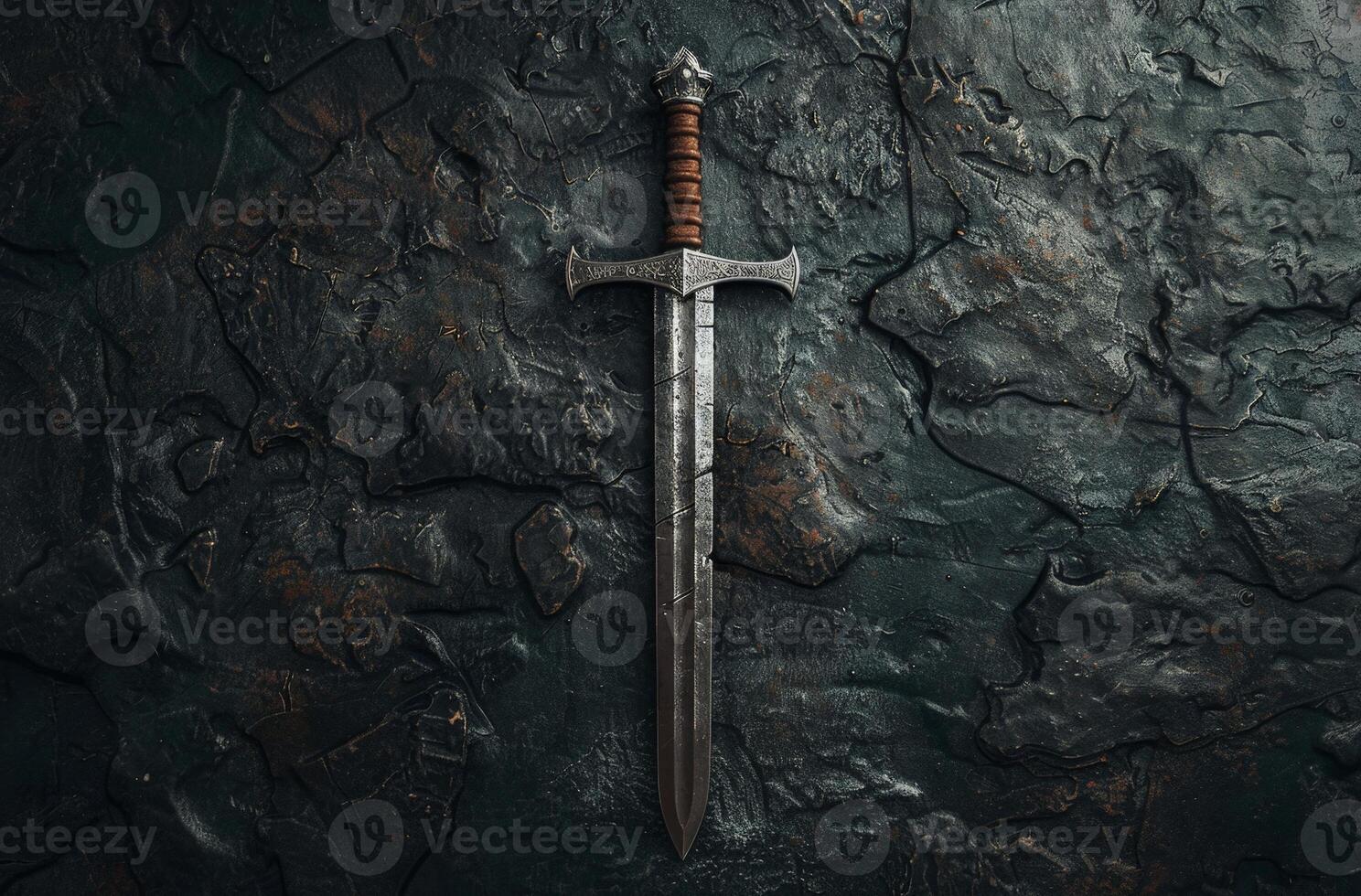 Ornate medieval sword against dark rock background photo