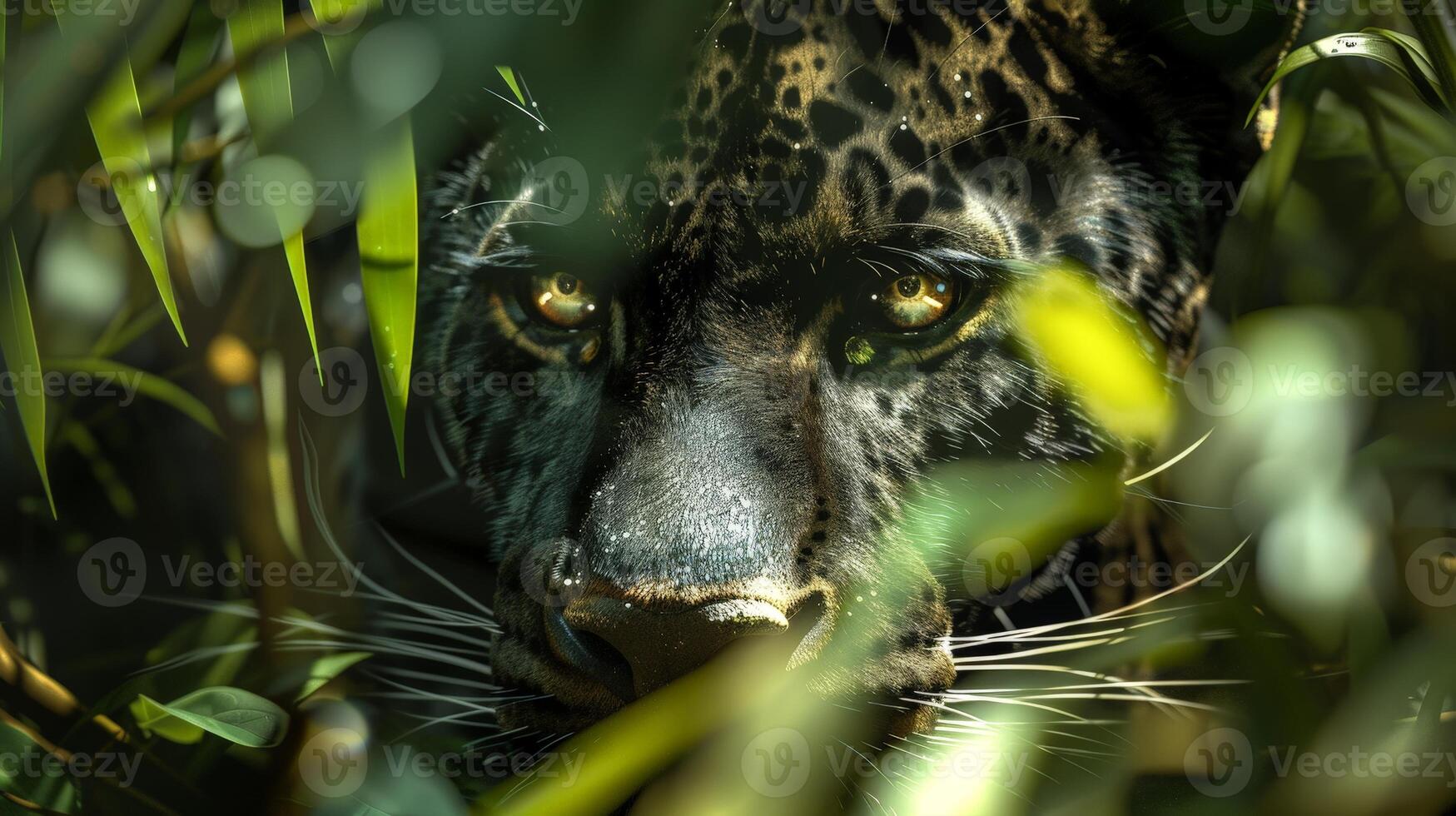 Close up of a leopards face in the jungle photo