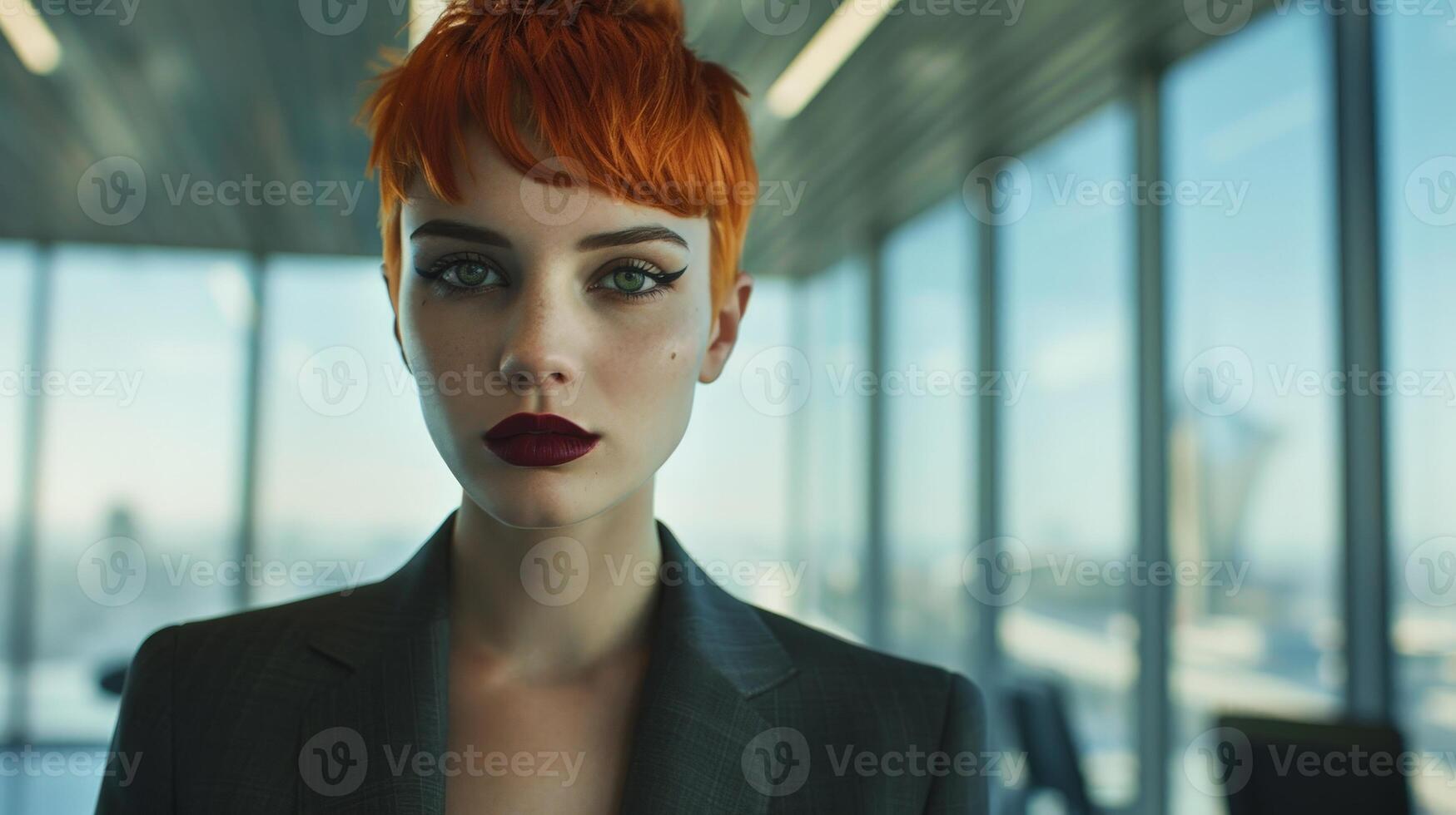 Serious businesswoman with red hair and bold makeup photo