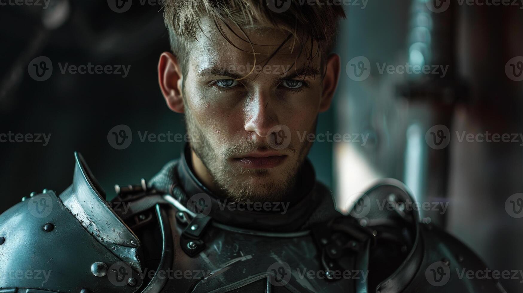 Intense warrior in futuristic armor photo
