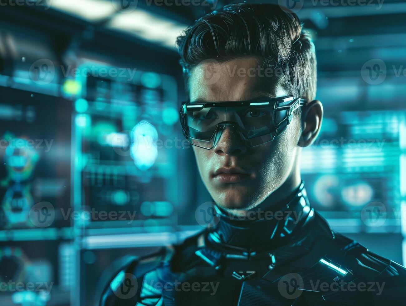futuristic cyborg in dark sci fi environment photo