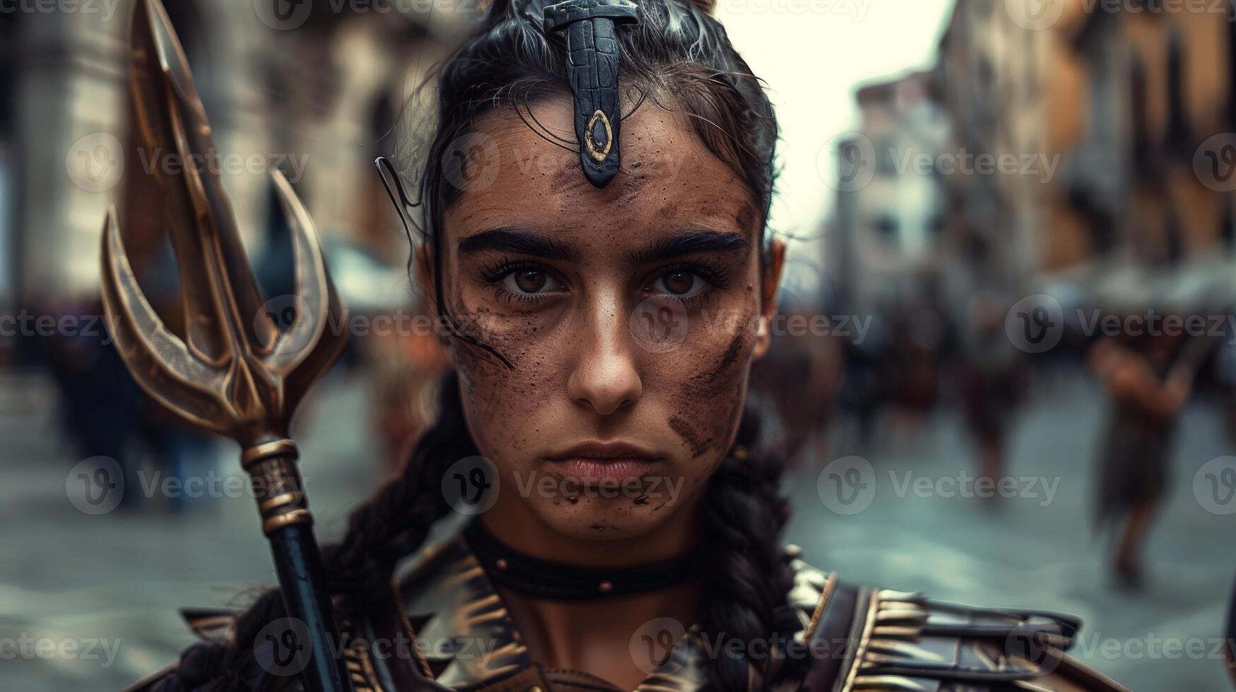 Fierce warrior woman with spear and armor photo
