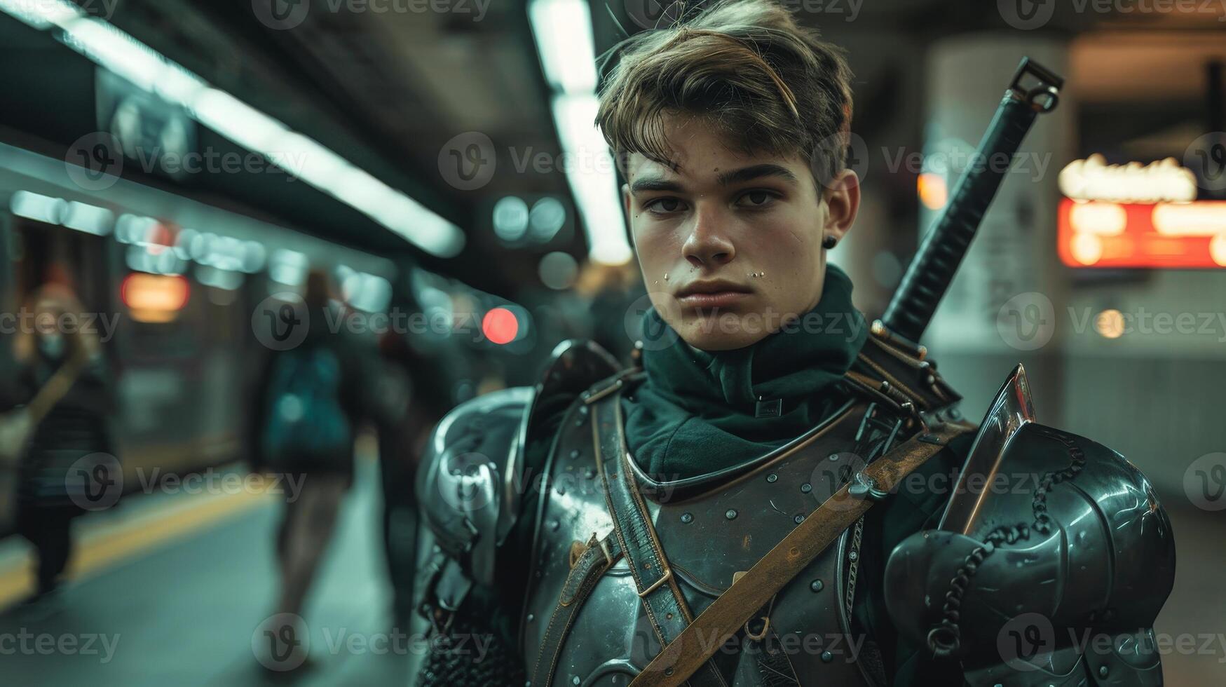 Futuristic warrior in a dark, moody setting photo