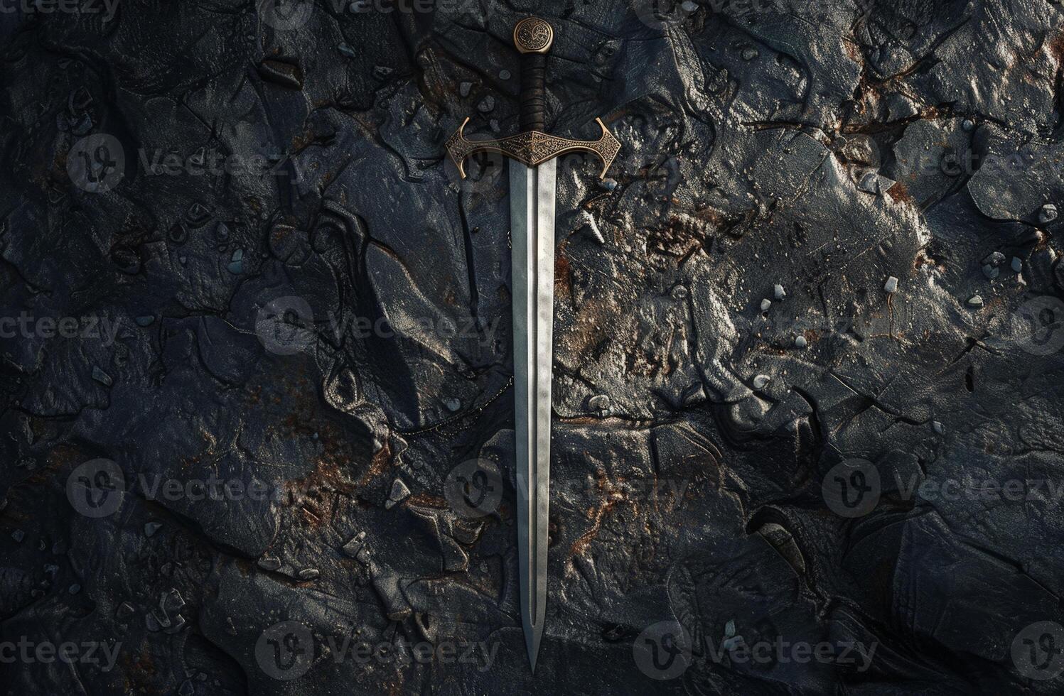 Ornate medieval sword embedded in dark rocky surface photo