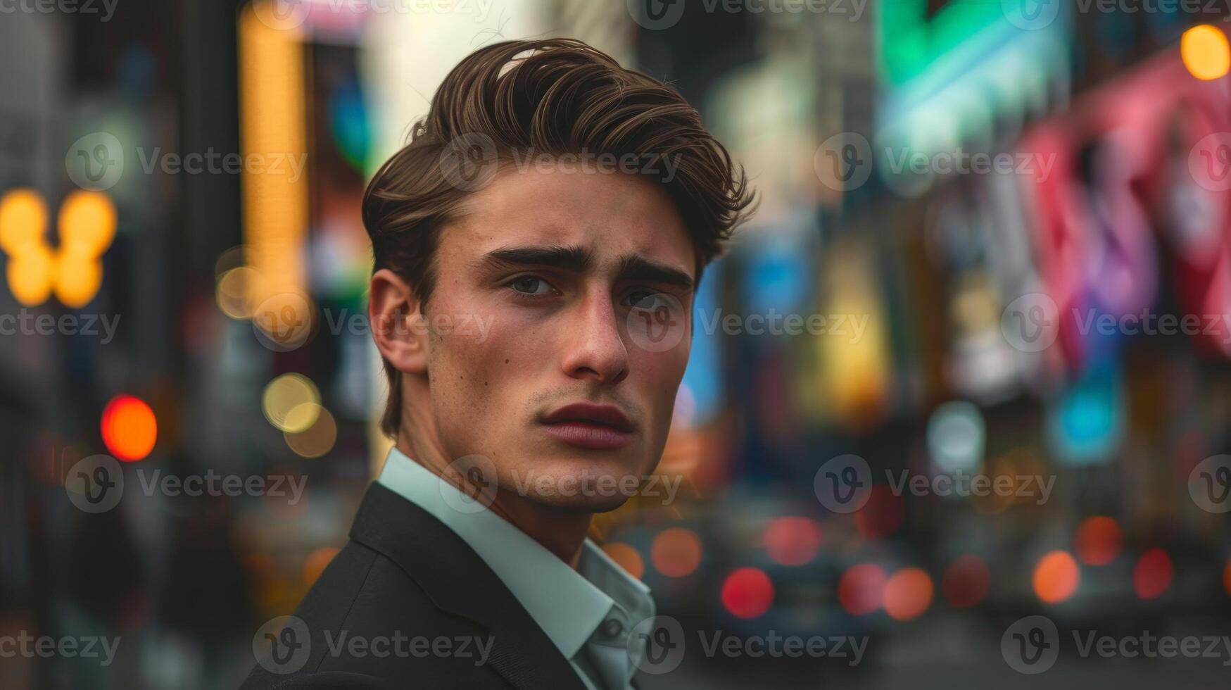 Pensive young man in city at night photo