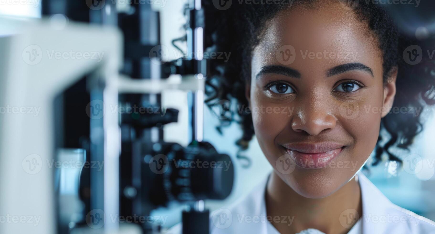 Smiling young woman in lab coat photo