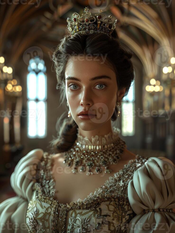 Regal portrait of a mysterious woman in a lavish gown and crown photo