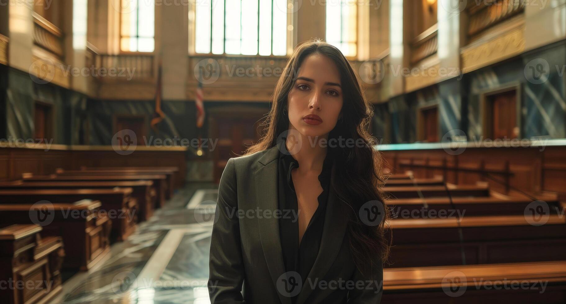 Serious woman in formal attire standing in an old library photo