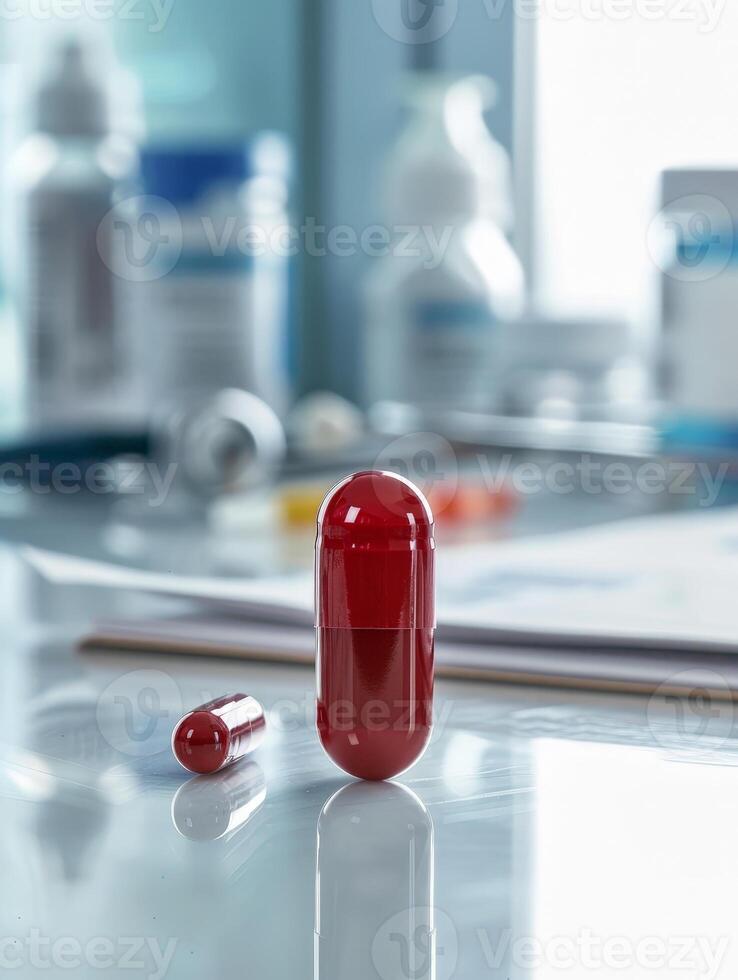 Close up of a red medical capsule on a reflective surface photo