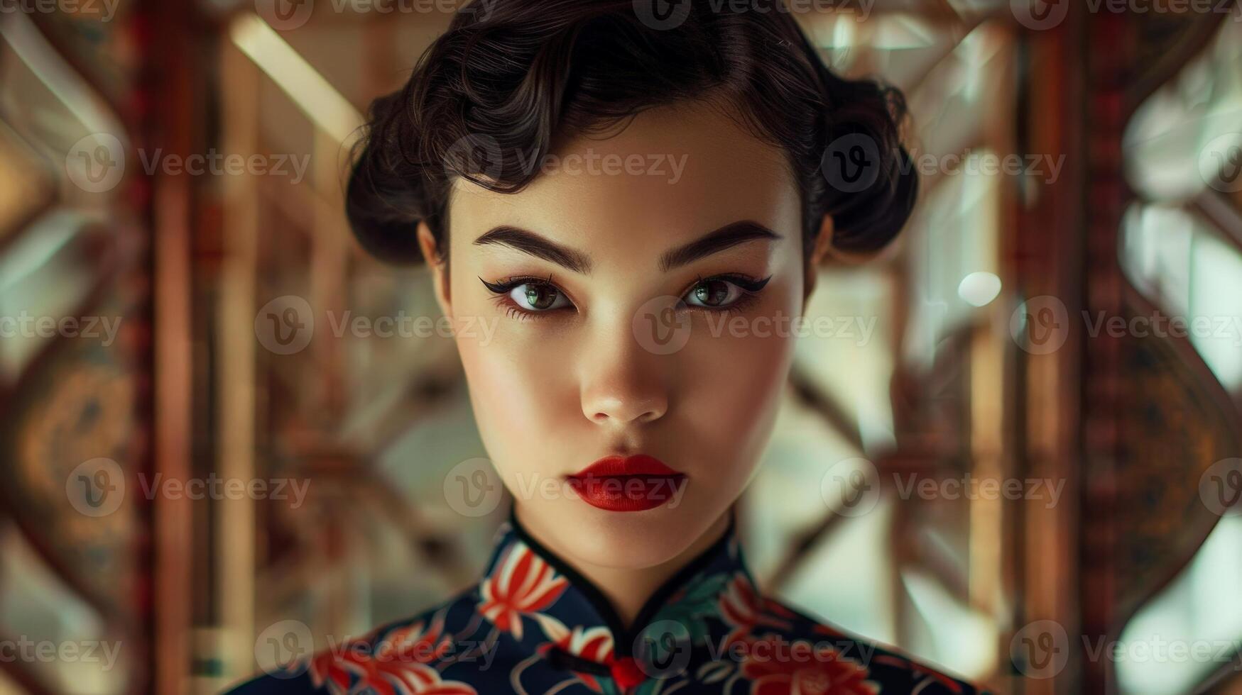 Elegant woman with red lips and retro hairstyle photo