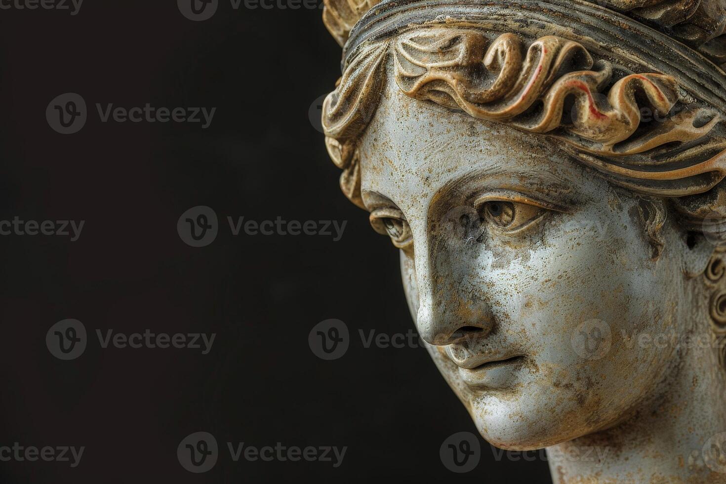 Close up of an ornate stone statue head photo