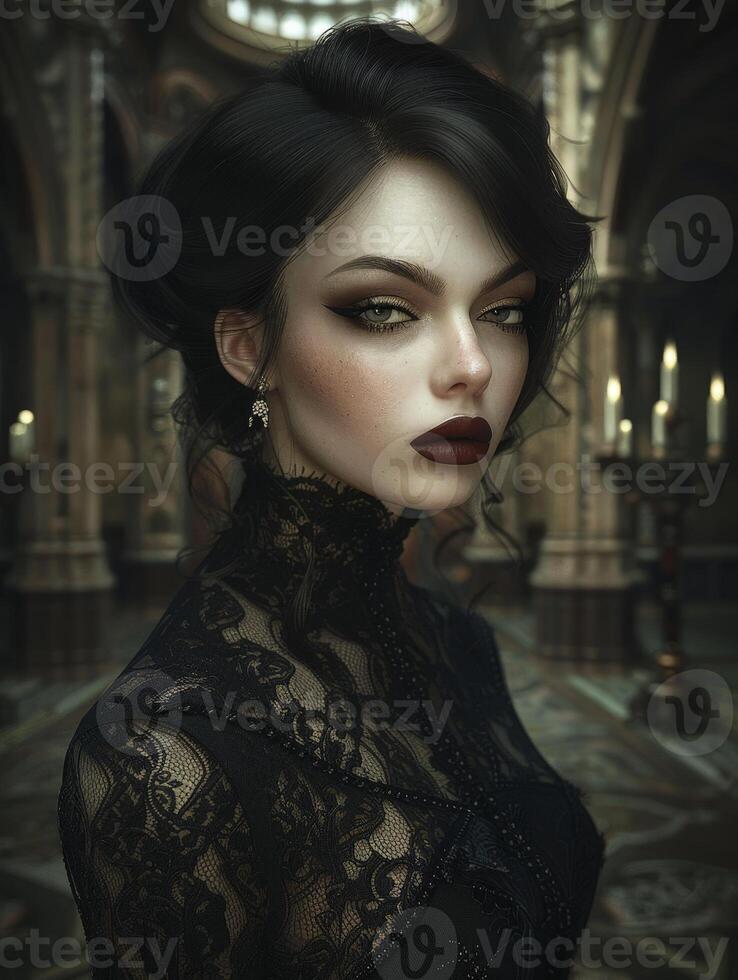 Mysterious woman in dark lace dress photo