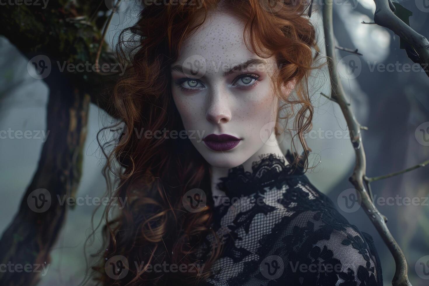 Mysterious woman with red hair and piercing eyes photo