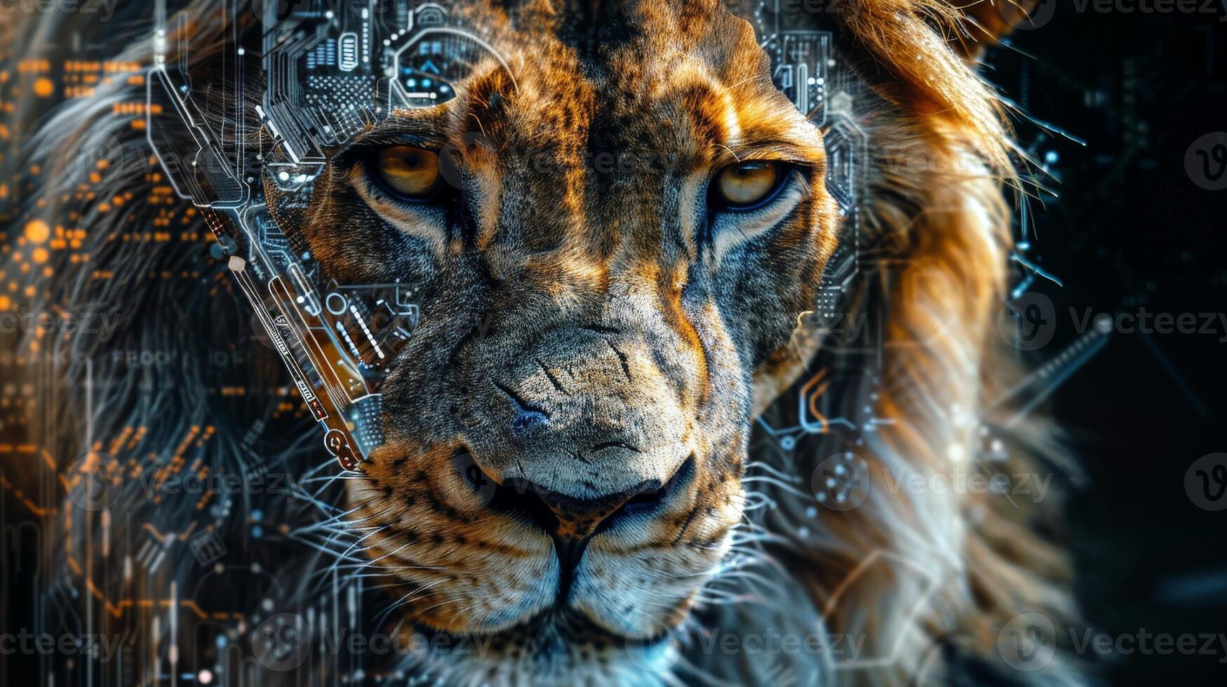 Futuristic tiger portrait with digital technology overlay photo