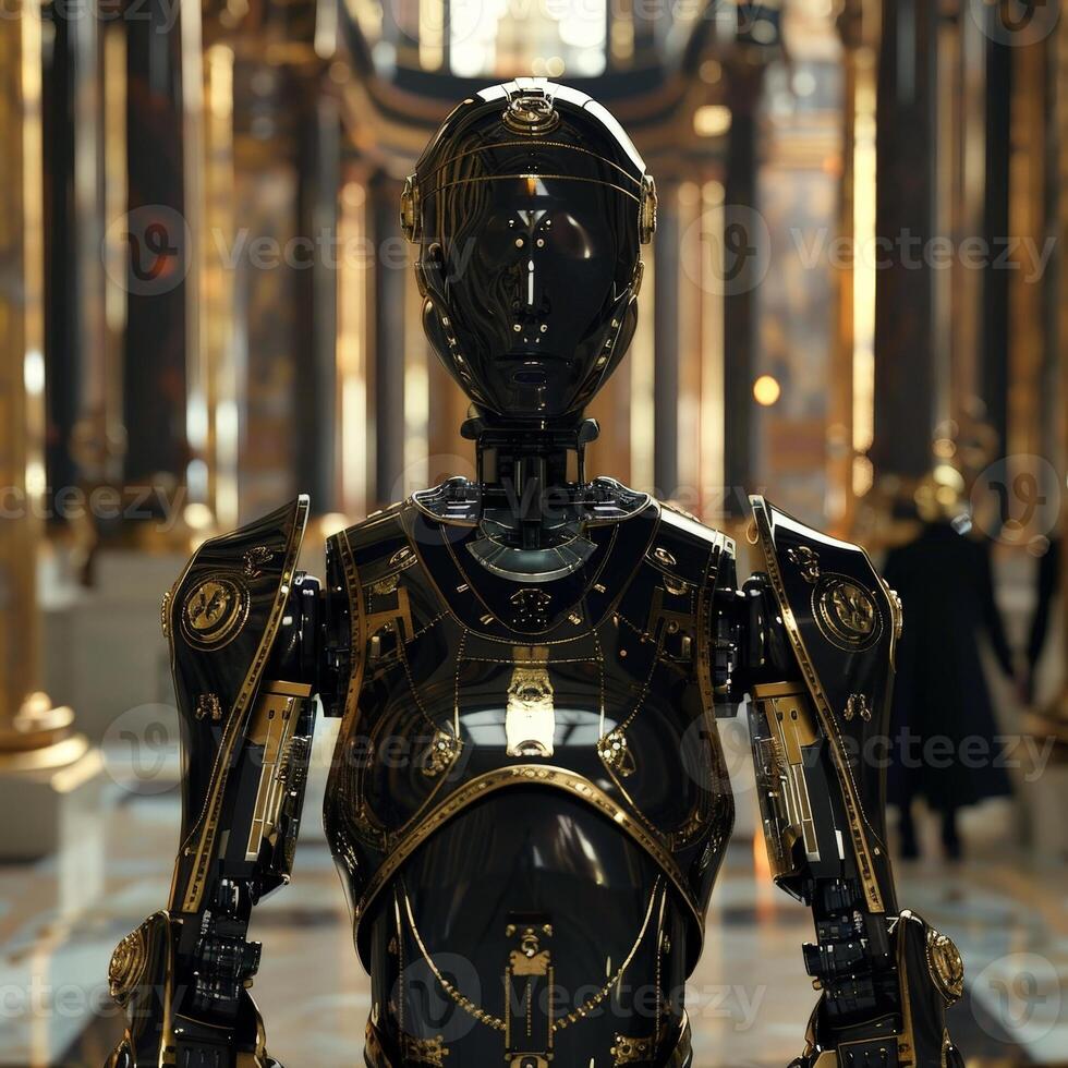 Futuristic robot with intricate gold and black design photo